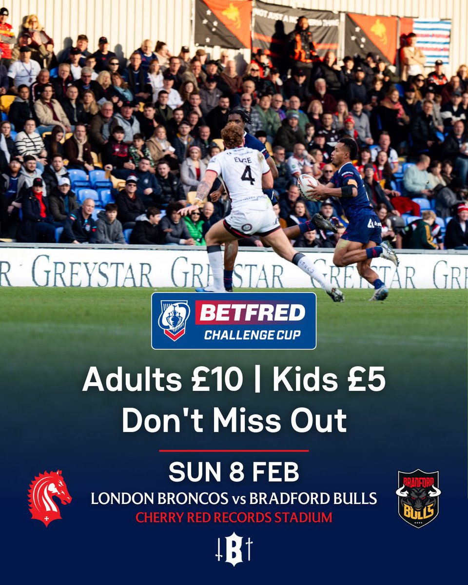 £10 tickets 🎟️ in London for top tier Rugby League!!! Get down there Londoners and help us showcase the game in capital when our <a href="/LondonBroncosRL/">London Broncos</a> take on <a href="/BradfordBullsRL/">Bradford Bulls</a> this Sunday 8th February at Cherry Red Records Stadium, Wimbledon.

londonbroncos.ticketco.events/uk/en/e/london…