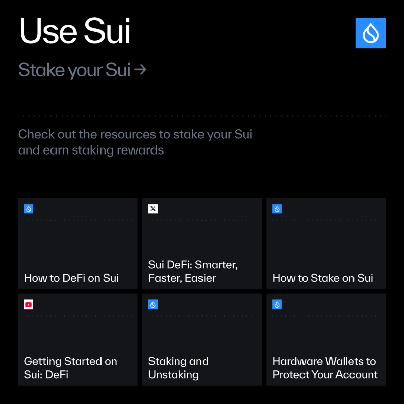 SuiNetwork's tweet photo. Skip the confusion. Start on Sui with no stress.

> Pick a wallet
> Get SUI
> Stake &amp; explore DeFi
> Jump into the ecosystem

Everything you need to get started is right here 👇