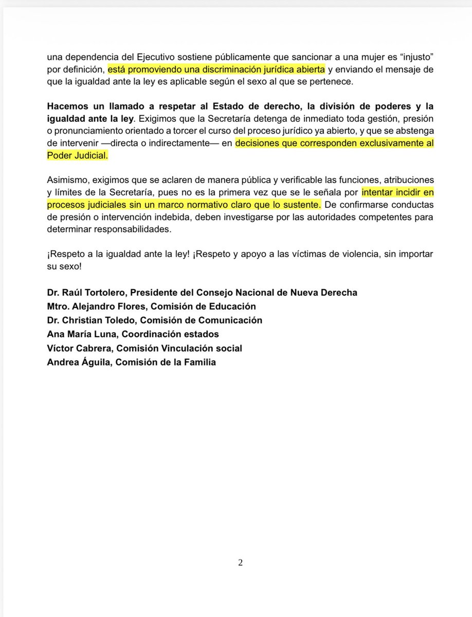 raultortolero1's tweet photo. -COMUNICADO DE PRENSA-
 
👉“LA SECRETARÍA DE LAS MUJERES PROMUEVE DISCRIMINACIÓN CONTRA LOS HOMBRES”: 
CONSEJO NACIONAL DE NUEVA DERECHA
 
• La presión política de la Secretaría de Mujeres en procesos estrictamente judiciales, vulnera la división de poderes y el Estado de Derecho
• Menosprecia y minimiza a las víctimas varones porque supuestamente representan sólo un “10%”, negándoles protección efectiva y dignidad jurídica
• Promueve una visión sesgada que no respeta el principio de Igualdad Jurídica entre hombres y mujeres
• Lamentable, el criterio misándrico desde la más alta esfera de gobierno

Ciudad de México, a 2 de febrero de 2026

----

@RicardoBSalinas
@Excelsior
@DerechaDiarioMX
@gaceta_es
@DesdeLaFeMx
@proceso
@adn40
@El_Universal_Mx
@diario24horas
@AtypicalTeve
@revistaetcetera
@Reforma
@Milenio
@isabelcuervo
@PanAmPost_es
@ReutersLatam
@AP
@eleconomista
@CodigoMagentaMx
@LPOmx 
@realDonaldTrump
@beltrandelrio
@samueladriang
@RicardoAlemanMx
@LuisCardenasMx
@IglesiaMexico
@IrvingPineda
@JoseCardenas1
@LillyTellez
@estarc62
@RealArturoH
@qz_emi
@YquevivaCristo1
@bereaguilarv
@ValentinaForUSA
@SecRubio
@DeputySecState
@JorgeRoHe