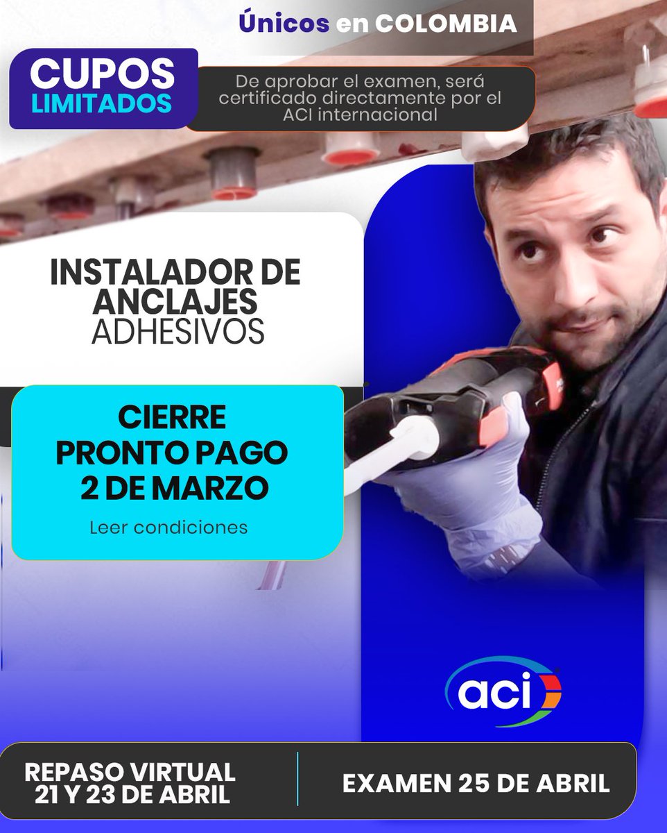 ACI_Colomb's tweet photo. ✨ Aprovecha nuestros descuentos exclusivos por pronto pago hasta el 2 de marzo en nuestras certificaciones 
👉 Inscríbete HOY y construye el futuro que mereces. 🛠️  
https://t.co/UmvUBAXMs2  

#CertificacionesACI #Arquitectos #Ingenieros #SupervisorDeObra #ACIColombia https://t.co/I2lC6BVzRE