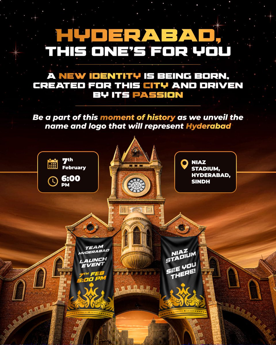 ✨ 𝗛𝘆𝗱𝗲𝗿𝗮𝗯𝗮𝗱, 𝘁𝗵𝗶𝘀 𝗺𝗼𝗺𝗲𝗻𝘁 𝗶𝘀 𝘆𝗼𝘂𝗿𝘀! ✨ 

Unveiling a new identity and a new era, reflecting your passion and your spirit! 🖤

Let’s celebrate this moment together! 🙌 

📍Niaz Stadium, Hyderabad, Sindh
📆 Saturday, 7th February 2026 | ⏰ 6:00 PM