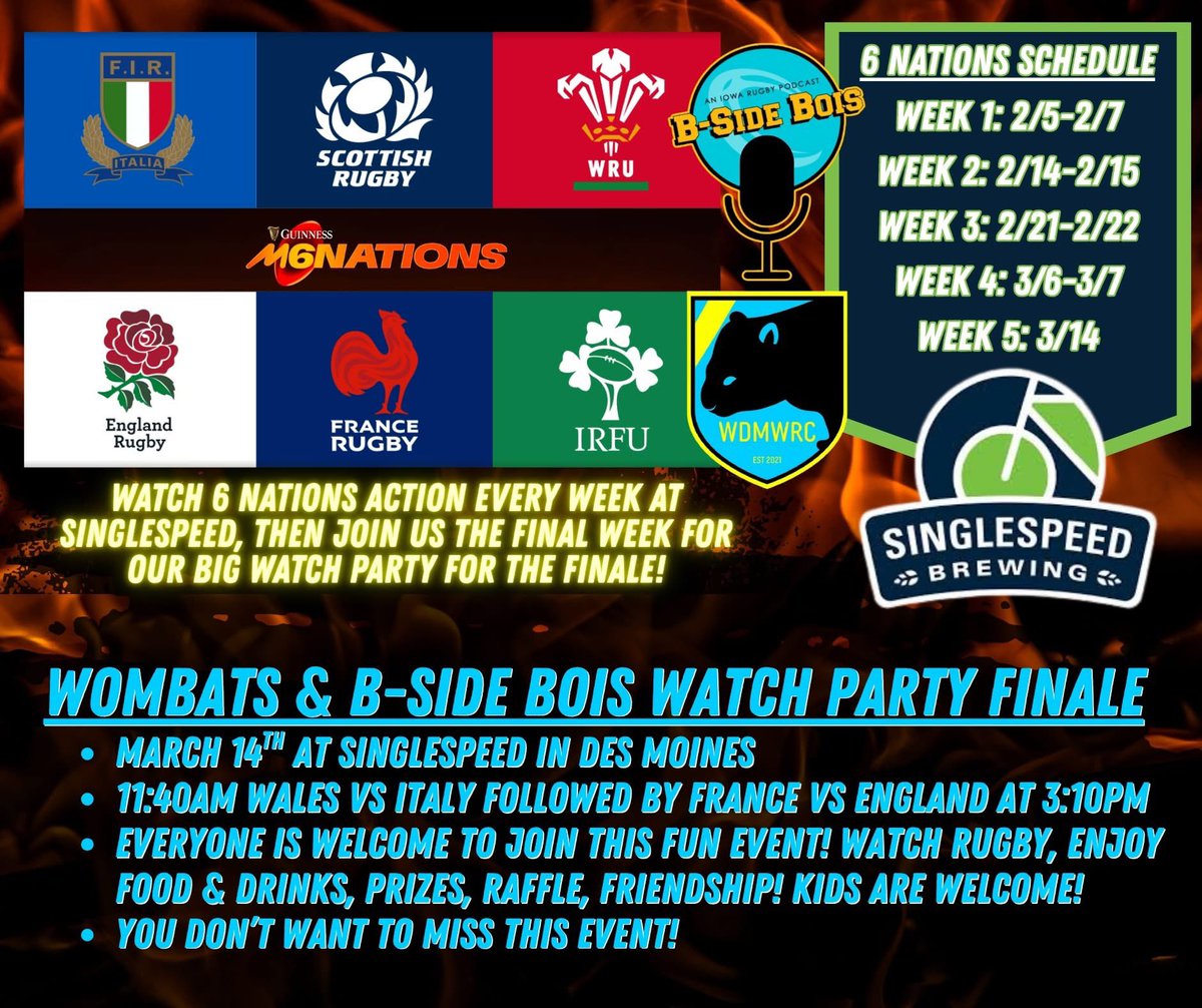 🏉🍻 6 NATIONS @ SINGLESPEED 🍻🏉

🔥 MAR 14 🔥
WDM Wombats + B-Side Bois host the Finale Watch Party

⏰ 11:40 Wales v Italy
⏰ 3:10 France v England
📍 SingleSpeed – Des Moines

All welcome. Rugby. Beer. Don’t miss it.

#WinWithTheWombats #WayOfTheWombats #6Nations