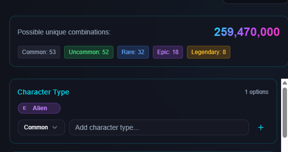 each characterer Possible uniquecombinations:250m