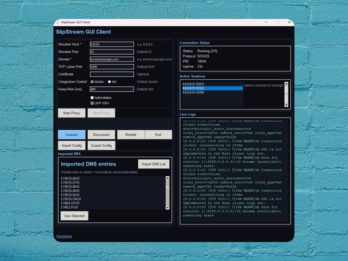 نرم‌افزار SlipStream GUI یک کلاینت گرافیکی برای مدیریت تانل‌های DNS-over-HTTPS هست، که امکان راه‌اندازی، کنترل و مانیتور همزمان چندین سشن رو فراهم می‌کنه.
از جمله امکانات این نرم‌افزار تحت ویندوز میشه به مدیریت پراکسی ویندوز و نمایش زنده لاگ اشاره کرد.

github.com/ThisIsDara/Sli…