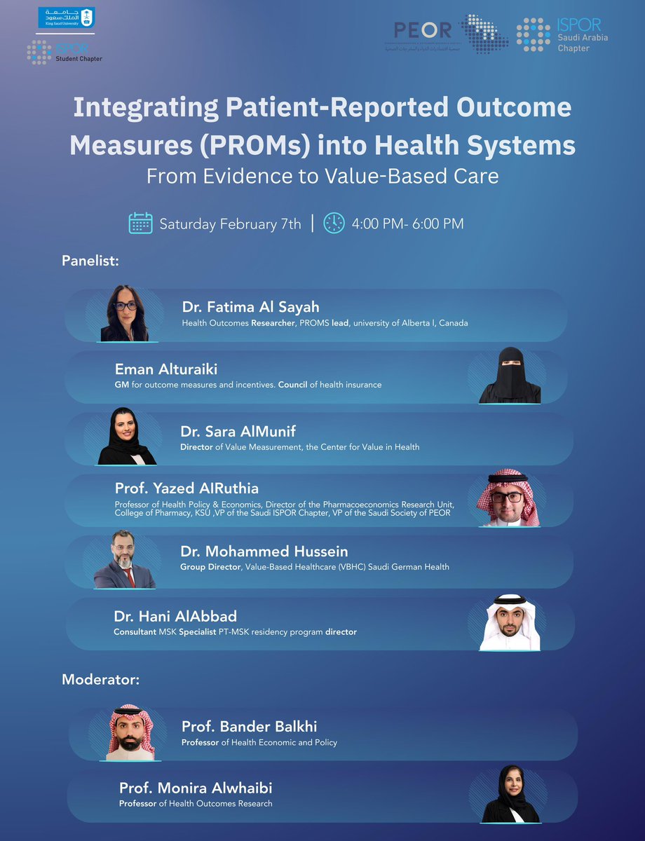 Exclusive closed expert workshop | Riyadh 🇸🇦

Integrating PROMs into Health Systems
🗓 Feb 7 | ⏰ 4–6 PM

Featuring international experts from Canada and senior Saudi policy &amp; healthcare leaders, focusing on PROMs, reimbursement, and value-based healthcare — with clear relevance