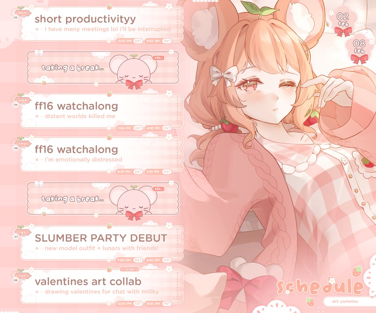 kebeansu's tweet photo. ♡ 🍓 sched: feb2-8 🍓 ♡
₊˚⊹——— ・୨୧・ ———⊹˚₊

iina pj debut this saturday! 
and lots of fun streams leading up to it 

THEN ON SUNDAY, WE'RE MAKING ART VALENTINES FOR CHAT! 💌💝 @miilkypabo 
please anticipate a valentines request post soon hehe

🍰: https://t.co/5ROqe1PkO9 https://t.co/tjX5hn9wCy
