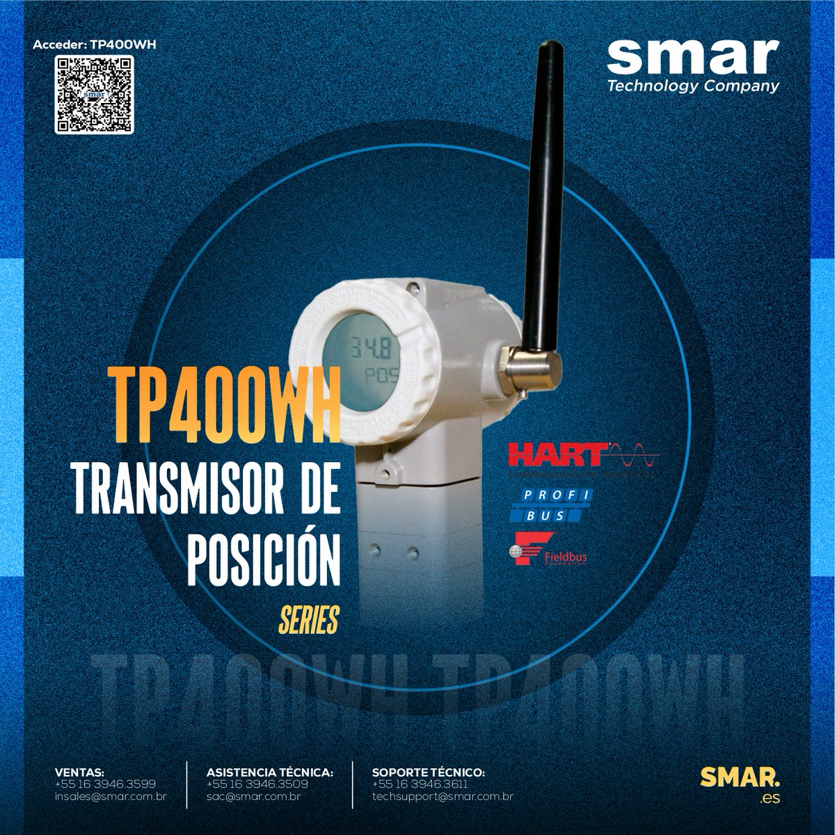 El TP400WH es un transmisor de posición con comunicación digital WirelessHART?, HART versión 7 y es una parte integral de la conocida familia de dispositivos HART de Smar para la medición de posición.

Link: smar.com.br/es/producto/tp…