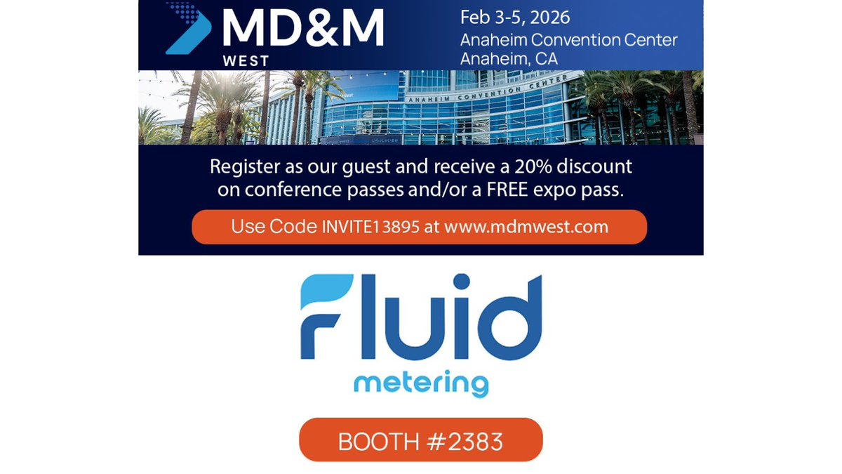 fluidmetering's tweet image. MD&amp;amp;M West is around the corner! Join us in Anaheim to meet the team and see our precision solutions up close.

Its not too late to sign up! 👉 hubs.la/Q041fdvv0

#MDMWest #AnaheimCalifornia #FluidMetering