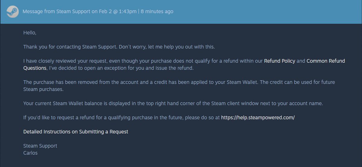 Steam está aceptando refunds.... según comentan suelen rechazarlo varias veces, si insistes, te dicen que están investigando el incidente con Intrepid....

Este usuario (con 10 horas jugadas) le han aceptado el refund. Yo de vosotros le daba.

(Info no verificada personalmente)