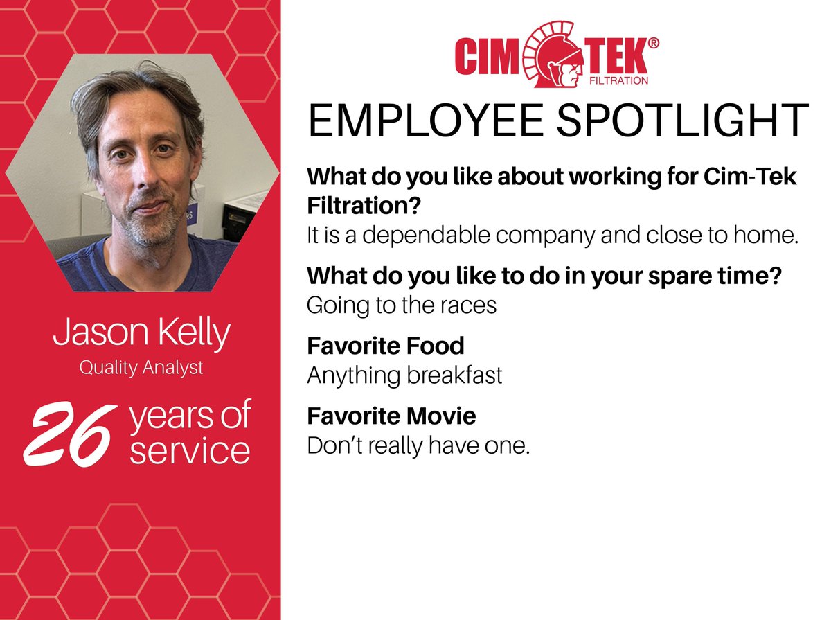 Cim-Tek Filtration takes pride in celebrating the dedication and hard work of our valued team members. Each month selected veteran employees are spotlighted for their exceptional performance, teamwork, and innovative ideas that drive us forward.

#CimTek #CimTekFilters