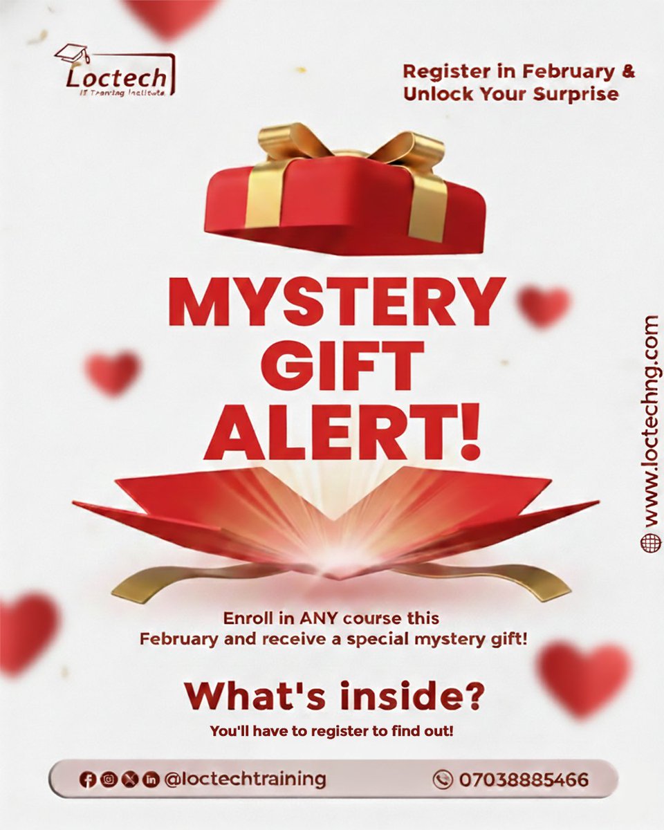 loctechtraining's tweet image. It’s February, and Loctech is already spreading love.

Register for any tech course in Loctech this February and receive a mystery tech gift.
We won’t tell you what they are, but it's something every techie needs.