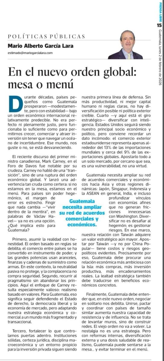 El orden económico global se fractura. Para países como Guatemala, fingir que nada cambia ya no es opción.

Si no estamos en la mesa, estamos en el menú.

Mi columna de hoy en <a href="/PrensaLibreGT/">prensalibregt</a> 👇
mariogarcialara.com/columnas/en-el…