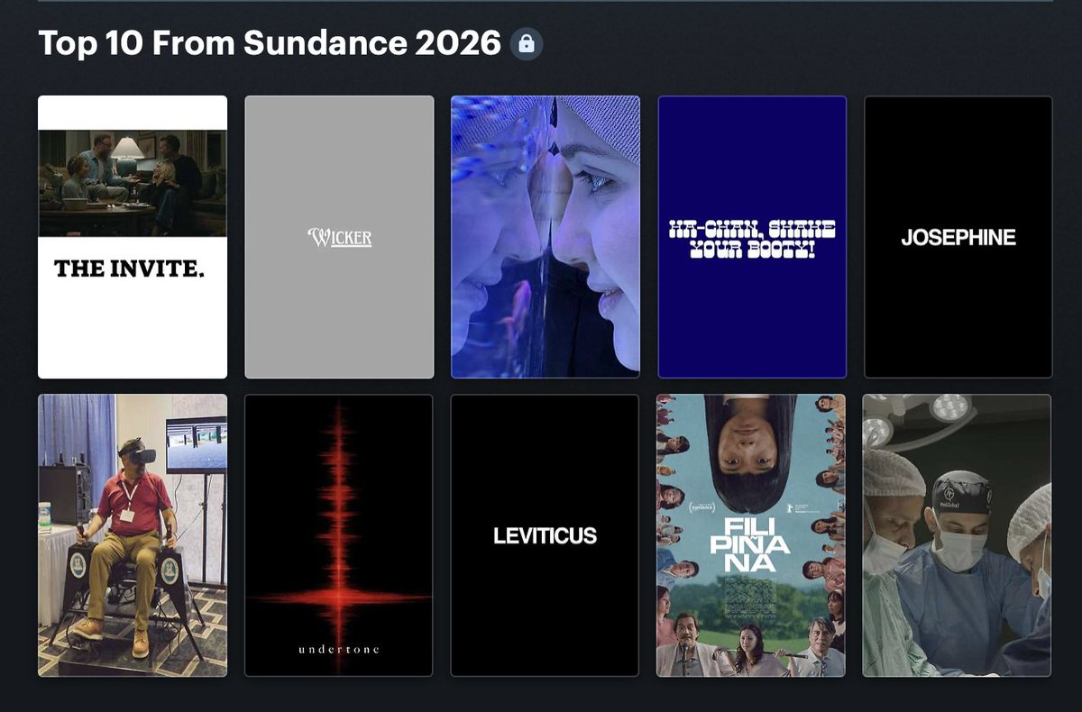 ryan_casselman's tweet photo. 2026 Sundance has completed. I didn't manage to see everything, but here's my top 10 from what I did see. 

1. The Invite
2. Wicker
3. One in a Million
4. Ha-Chan, Shake Your Booty
5. Josephine
6. The History of Concrete
7. undertone
8. Filipiñana
9. Leviticus
10. American Doctor https://t.co/iqjztSieyc