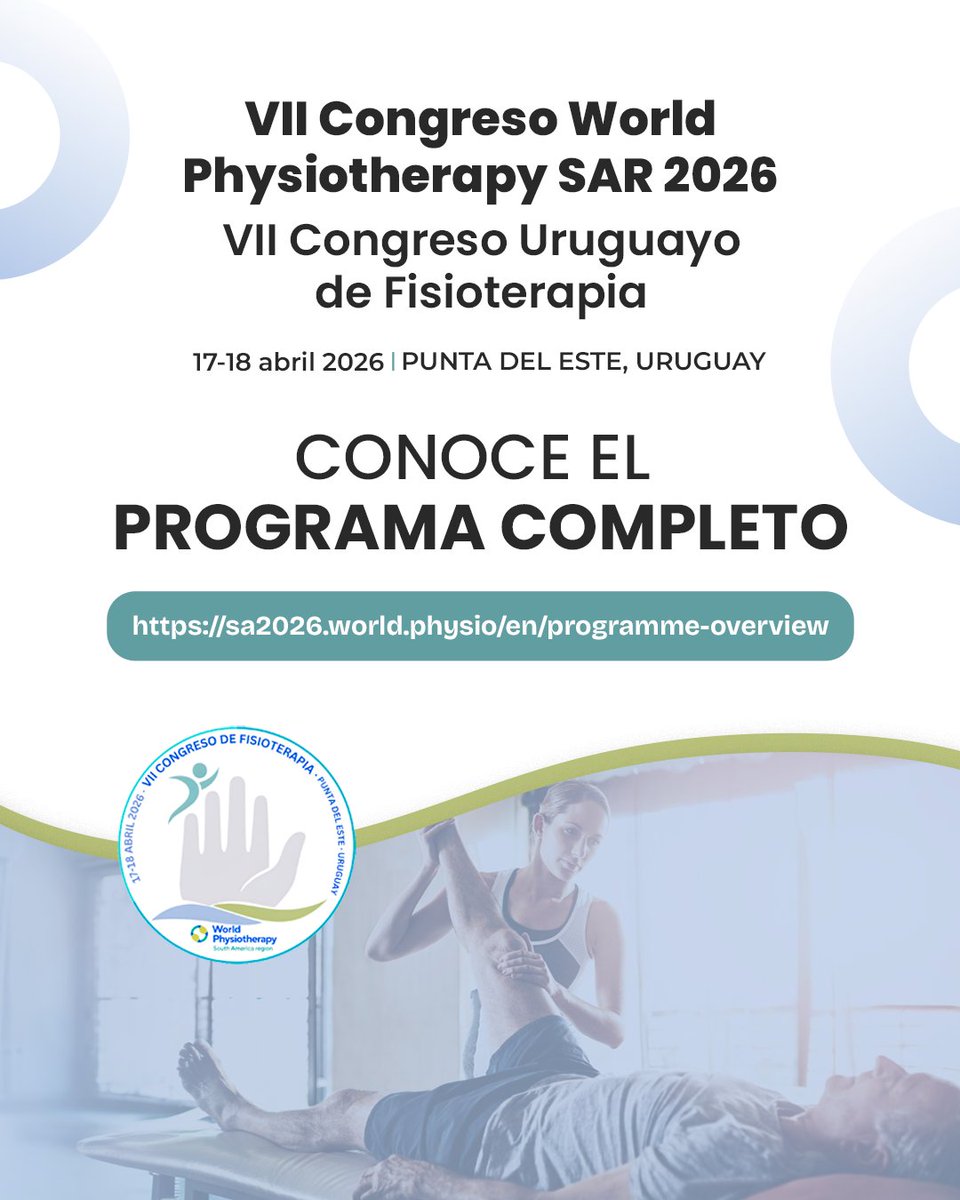WorldPhysio1951's tweet photo. Calling all physiotherapists in South America! Attend the VII World Physiotherapy South America region conference to connect and learn. Only one month left to register at the advance rate. Register by 2 March https://t.co/d9RcmMDg7U
🗓️ 17-18 April 2026 | Punta del Este, Uruguay https://t.co/T5u67ZHi3b