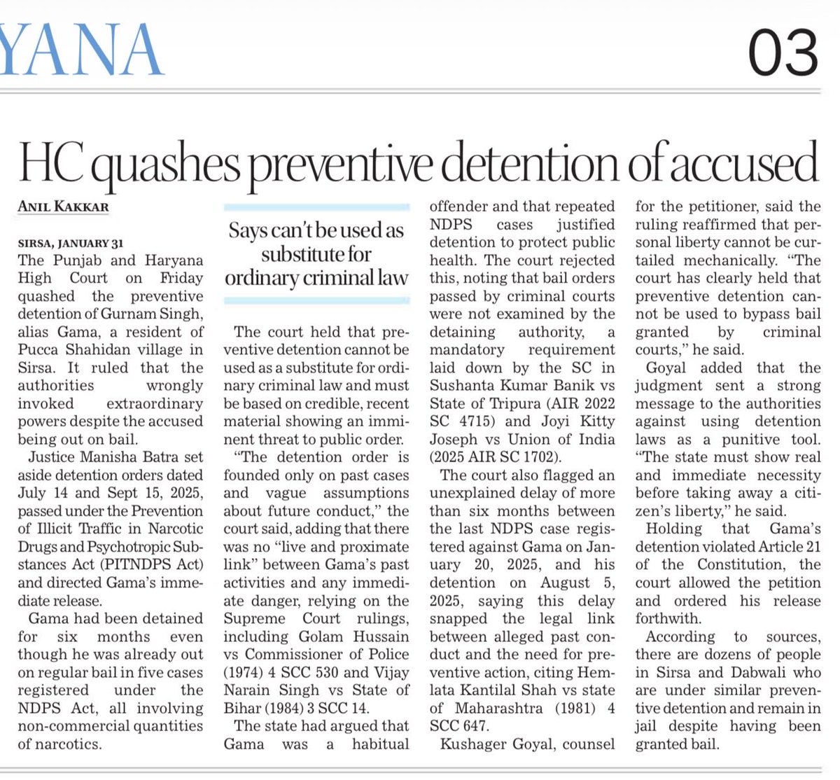 Anilkakkar07's tweet image. #HC #quashes #preventivedetention of #accused

Report by #AnilKakkar for @thetribunechd 
#HighCourt #PunjabHaryanaHighcourt #NDPS 

tribuneindia.com/news/haryana/h…