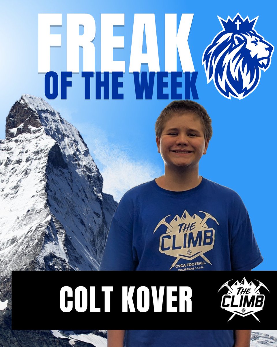 coachnickcook's tweet photo. Last week's #FREAKoftheWEEK was:

🟦Team Blue's COLT KOVER
🗓️Perfect Attendance
🏈Extra Skills Work
👏Living out our Core Value of LOVE by attending sporting events of other classmates.

#TheCLIMB🏔️⛏️
#TEAM31
#WTO https://t.co/cepLyJhr3r
