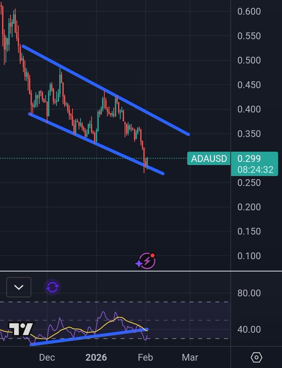 Sssebi's tweet image. $ADA closed two days within the channel and the weekly candle right on the trendline.

Hopefully we bottomed out here and next step is to retest the upper trendline around $0.36