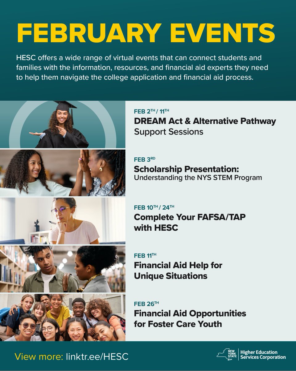 NYSStudentAid's tweet photo. Our February Outreach Events Schedule is here!

Get help on your FAFSA, TAP, DREAM, and Alt Path applications and while gaining info on scholarships like STEM!

https://t.co/vHMdXInKTW or link in bio. https://t.co/Bk5KACWDWE