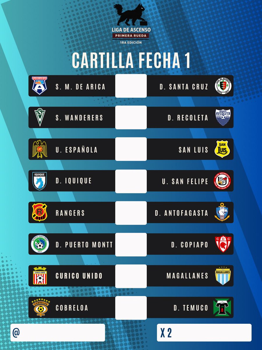 Liga de Ascenso 🇨🇱
~ Actualización ~

Valor inscripción $6.000.-
2 participantes x $10.000.-

Inscritos 25 ✔️
En Pre-Lista pendiente de pago 4 ⚽️

ULTIMOS 4 DIAS PARA INSCRIBIRSE 🐈‍⬛