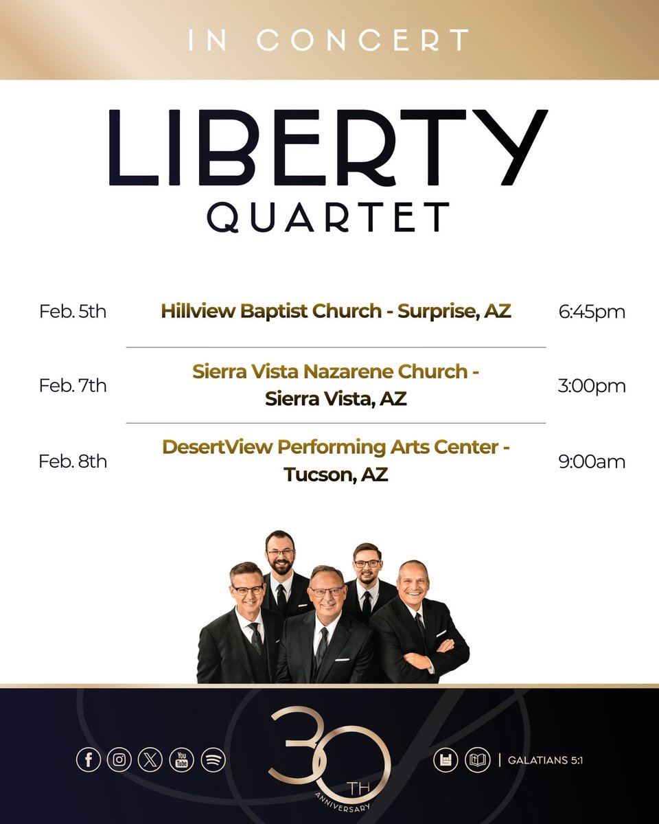 Our 30th Anniversary Tour is continuing through sunny ARIZONA!

Go to libertyquartet.com/tour or download the Bandsintown app to your smartphone for more info! See you soon!

#LQ30thTour