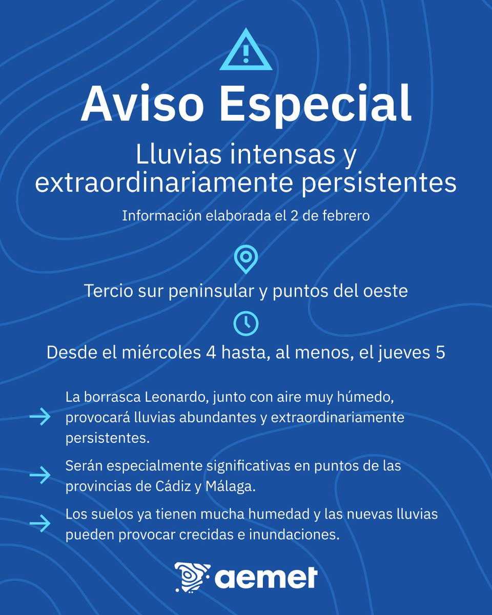 ⚠️ AVISO ESPECIAL | Lluvias intensas y extraordinariamente persistentes.

➡️ La borrasca Leonardo arrastrará una masa de aire muy húmedo, con lluvias muy abundantes.

➡️ Miércoles y jueves, jornadas muy adversas en puntos del sur de Andalucía. 

+ info 👉
aemet.es/es/eltiempo/pr…