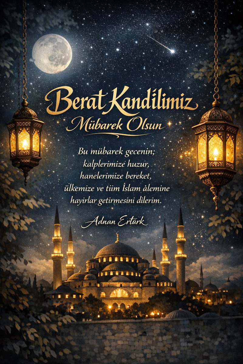 Bu mübarek gecenin; kalplerimize huzur, hayatımıza bereket getirmesini diliyorum.
Berat Kandilimiz mübarek olsun.

<a href="/musasarihan/">🇹🇷🇵🇸 Musa SARIHAN</a> 
<a href="/nesimert/">Nesim Ertürk</a> 
<a href="/recaiyildizz/">Recai YILDIZ</a>