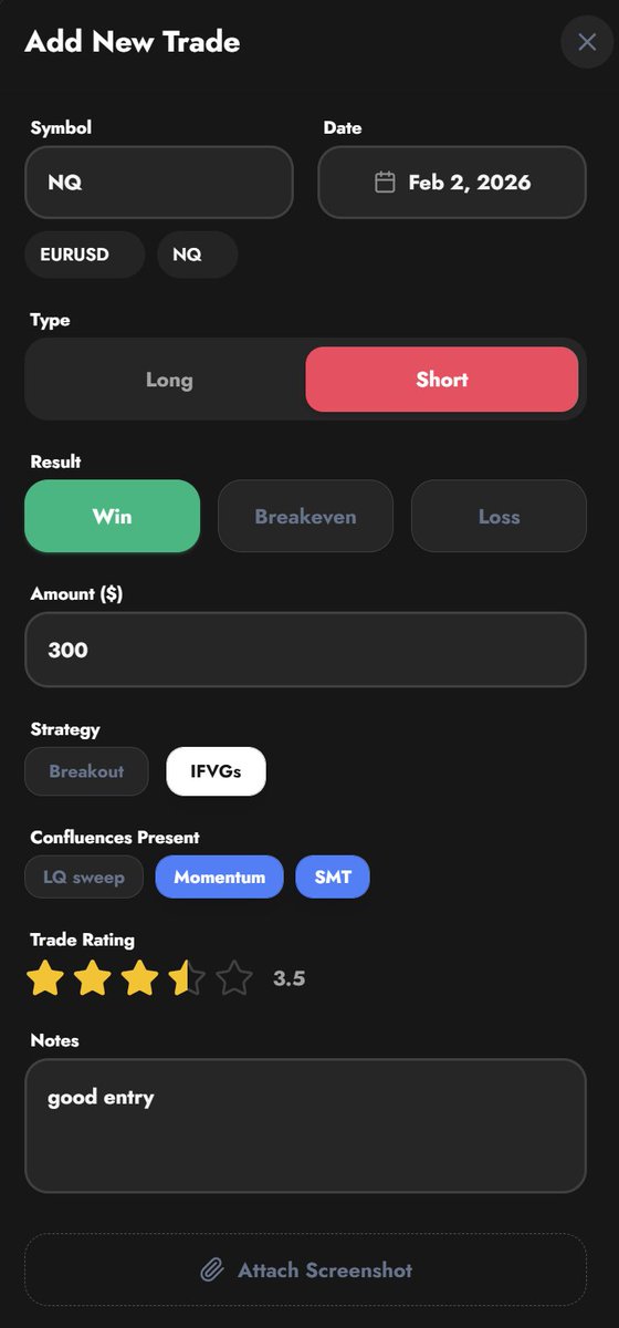 0NEJOURNAL's tweet photo. Log a trade in seconds, clean, intuitive, and everything important in one screen: symbol + date, long/short, win/breakeven/loss, P&L, strategy + confluences, a quick rating, notes, and even attach a screenshot.
​
OneJournal makes journaling feel frictionless so you actually keep doing it