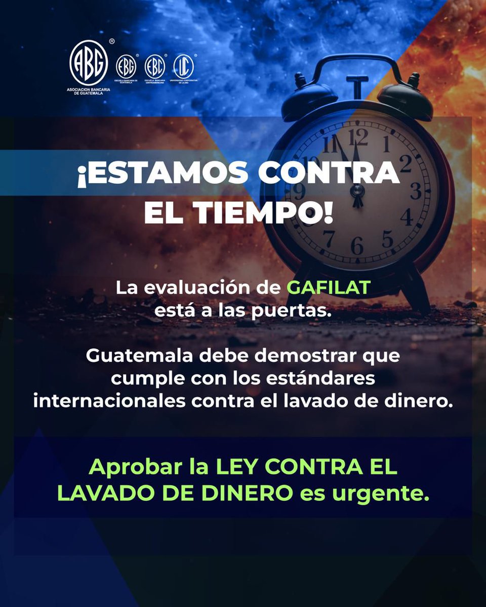 Guatemala está contra el tiempo.
La evaluación de GAFILAT está a las puertas y el país debe cumplir los estándares internacionales contra el lavado de dinero.
Aprobar la LEY CONTRA EL LAVADO DE DINERO es urgente para proteger la economía y la credibilidad del país.