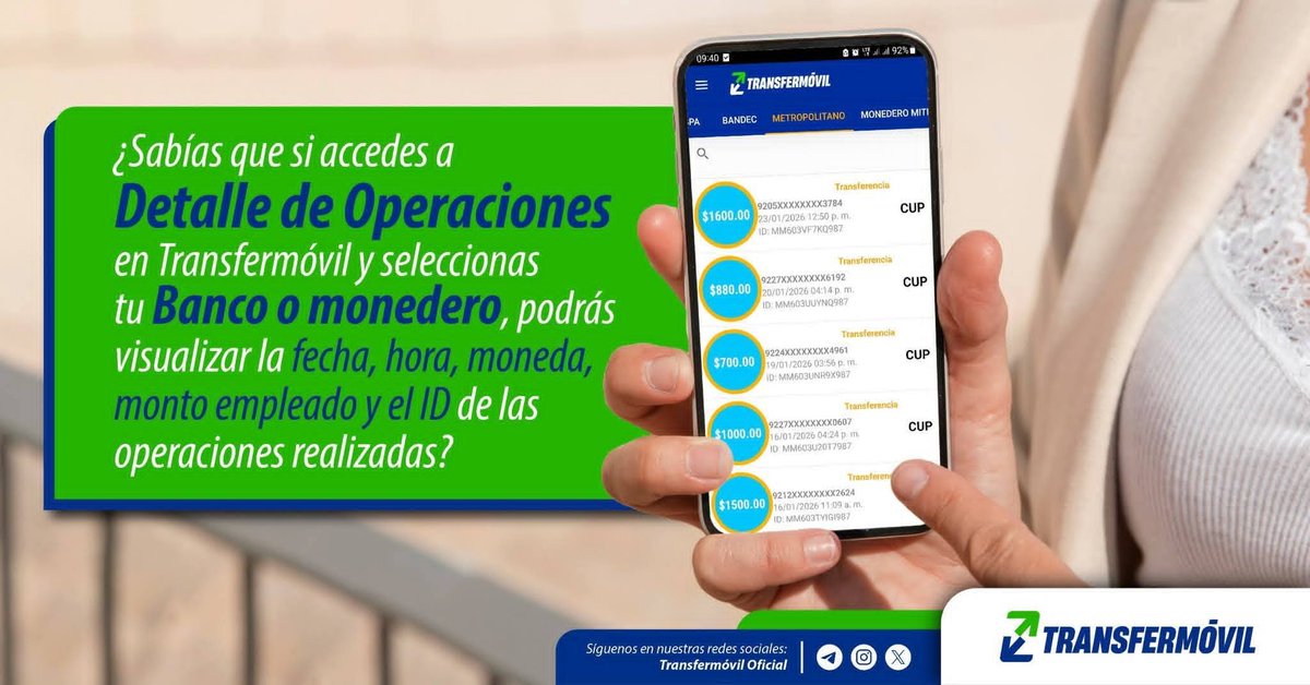 📢 Detalle de Operaciones: la información que necesitas, clara y accesible en segundos. 📲�
👉Monitorea fácilmente las operaciones efectuadas desde los módulos bancarios y tu monedero accediendo a Detalle de Operaciones en #Transfermóvil.