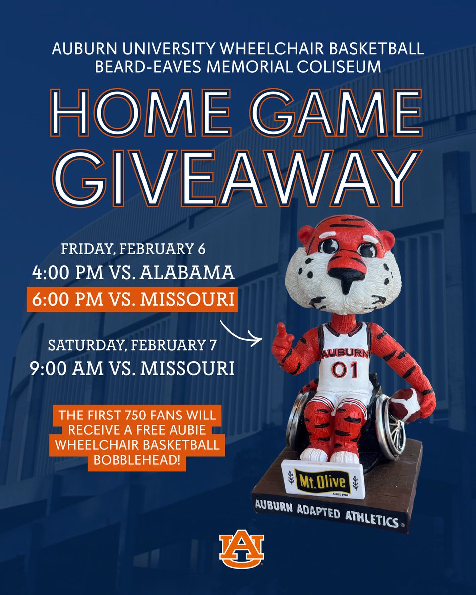 HOME GAME GIVEAWAY 🔥 FRIDAY, 6 PM

We are giving away 750 @aubiethetiger01 wheelchair basketball bobbleheads THIS FRIDAY NIGHT vs. Missouri. See you there!