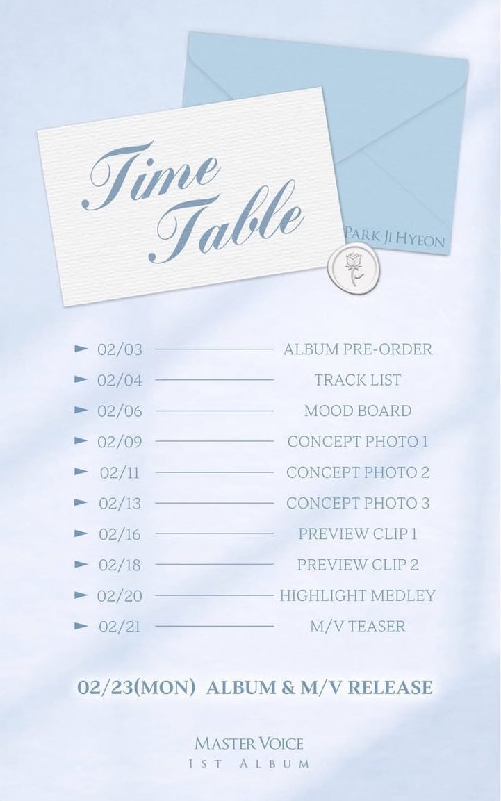 Glad to be back with great news that my first comeback is near. "Master Voice" is the first album title that would be released in the month of love, February 23rd, 2026. Here is the timetable. Please give lots of love and support, Endorphins! 🤍