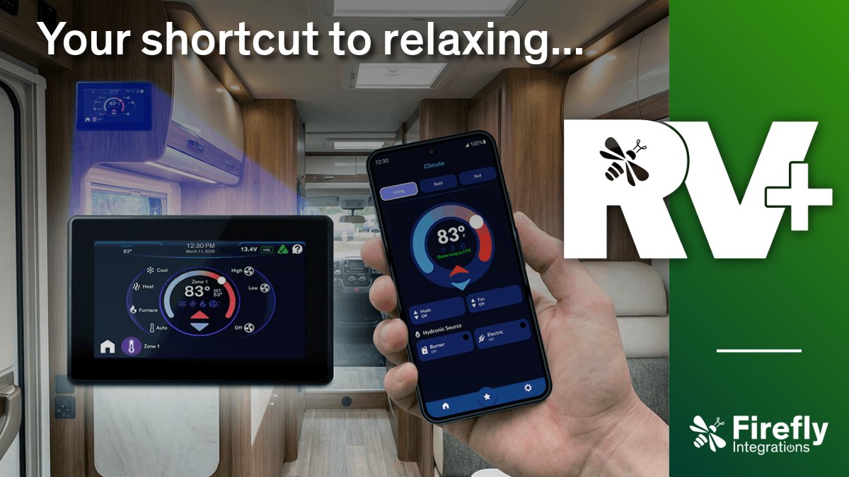 FireflyConnect's tweet photo. Setting up camp for the first time after winter storage shouldn't feel like a chore. Even if it is still freezing outside, RV+ helps you get settled without the hassle. You can extend your slides, adjust your lighting, and set the perfect interior temperature in just a few taps. https://t.co/qTZZCxGcXX