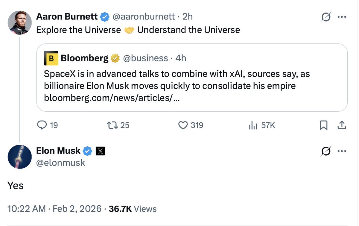 SawyerMerritt's tweet image. Seems like Elon Musk just confirmed that SpaceX and xAI are merging.