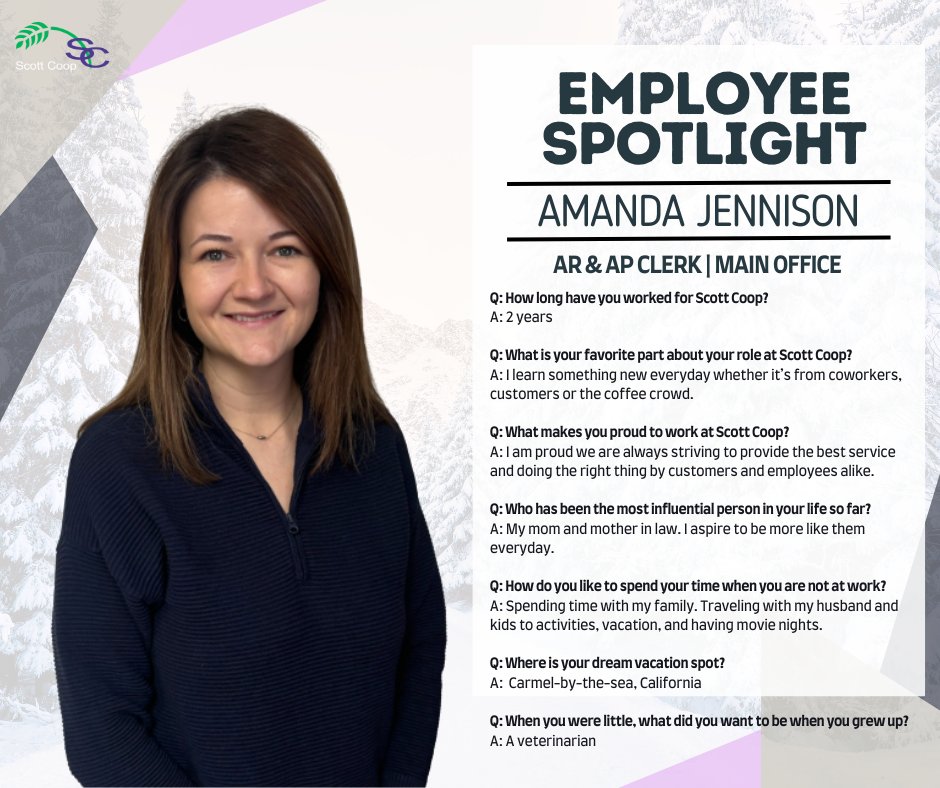 February 2026 Employee Spotlight - Catch up with Amanda Jennison, AR and AP Clerk, at our Main Office #ScottCoop