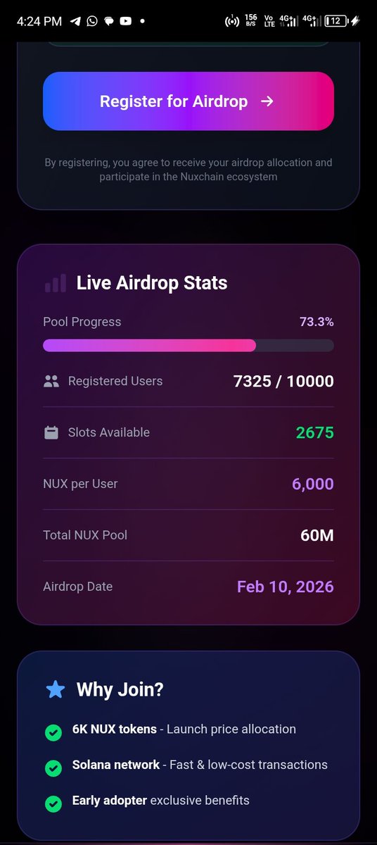 Bankeydefi's tweet photo. NuxChain Airdrop (FCFS)
🎉 Reward 6000 $NUX 

-Register below:
https://t.co/tdkaadaodO
-Input Name
-Submit Email 
-Submit Solana Address

Distribution is Feb 14

This is a very simple thing to do and you might get paid hard. 

60M tokens Allocation for airdrop 
Total Supply: 1B https://t.co/fmMzM5vnRU
