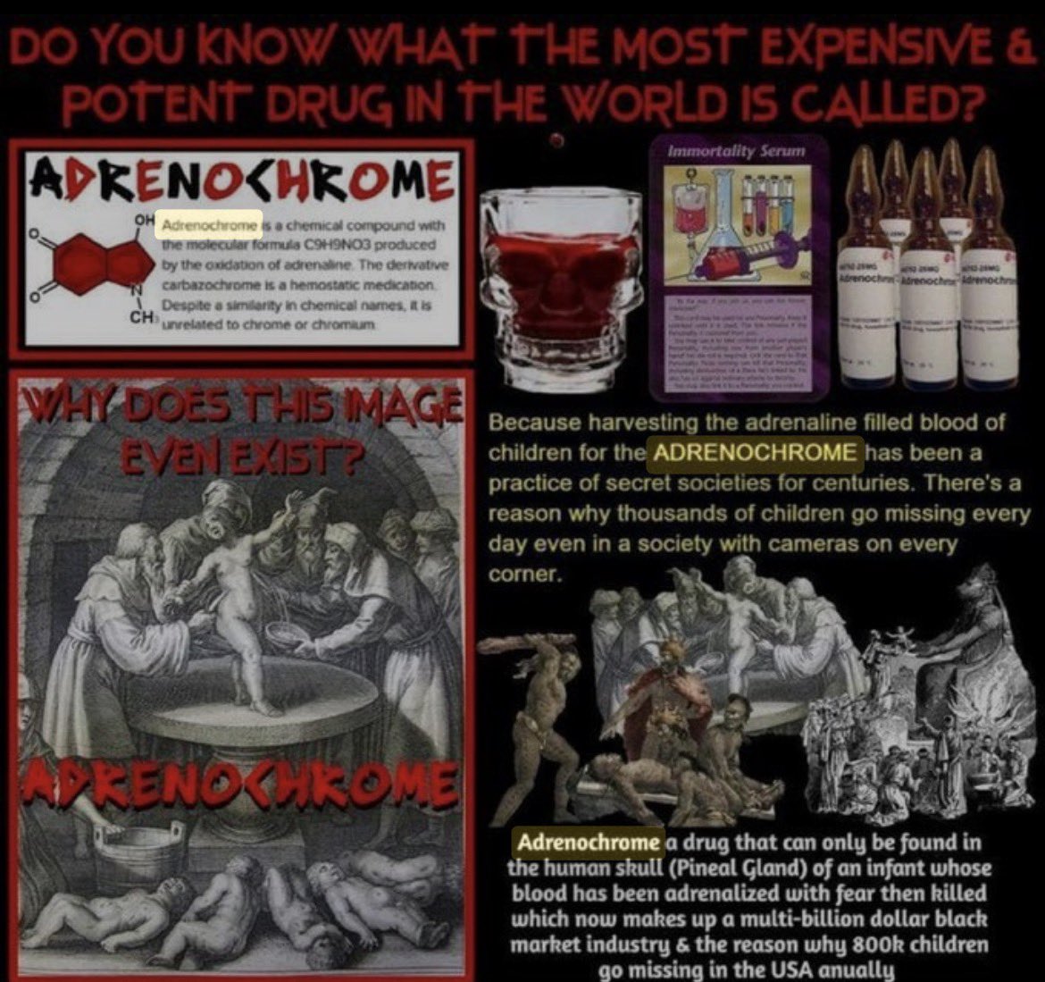 TaraFair45's tweet photo. Adrenochrome a drug that can only be found in the human skull (Pineal Gland) of an infant whose blood has been adrenalized with fear then killed which now makes up a multi-billion dollar black market industry & the reason why 800k children go missing in the USA annually. We have surveillance cameras posted on every street corner yet they go missing undetected.