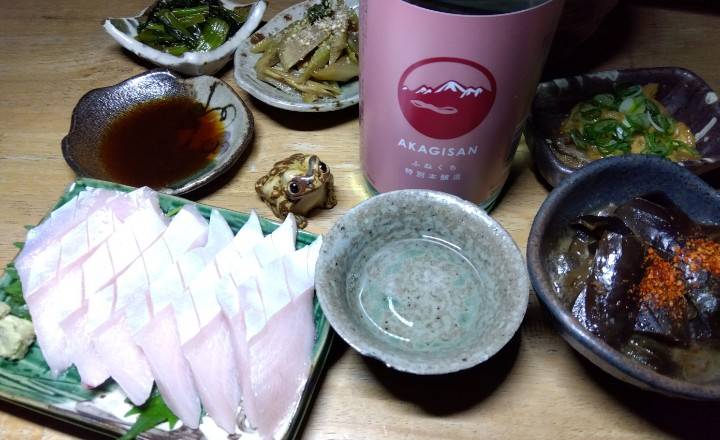 今日のお酒は、赤城山のふなくち特別本醸造！
グンマーは大間々のお酒！
甘味適度に綺麗にまとまる美味しさはアル添だから？
ブリお刺身買ってきまして。
油揚げ煮込みお茄子も煮込みまして、作り置きのウドきんぴらや小松菜大蒜炒めとかで〜