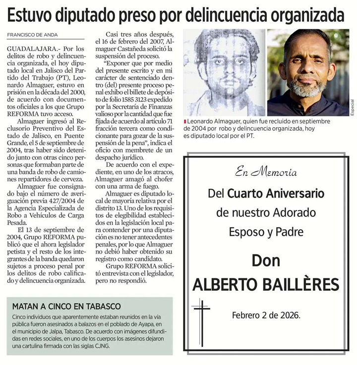 🗳️📌 DE ASALTANTE DE CAMIONES A LÍDER DEL PT

Hoy es coordinador parlamentario del Partido del Trabajo en el Congreso de Jalisco.

Pero hace 21 años, Leonardo Almaguer Castañeda fue detenido por participar en una banda dedicada al robo de camiones cerveceros.

Así lo documentó