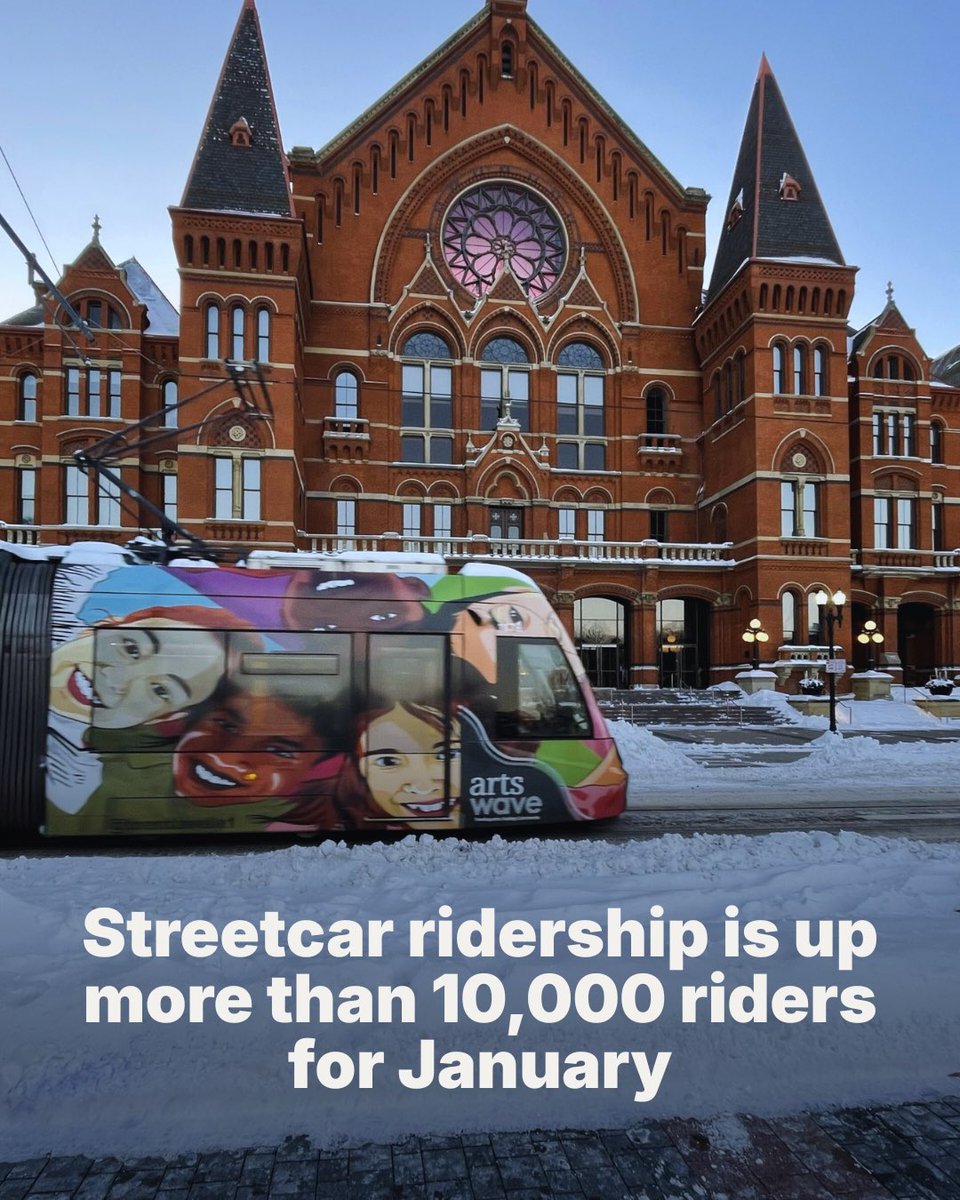 WeMoveCincy's tweet photo. Despite the snow and freezing temperatures, @connector_cincy January ridership numbers show a strong start to the year with 64,951 riders - up 10,374 riders from January 2025. Thanks to all our riders who value the streetcar as much as we do! https://t.co/rDWhb4KQsQ