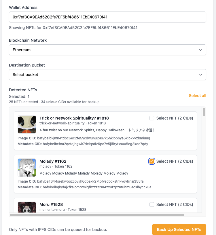 Danielonweb3's tweet photo. @archivepilled We built a tool at Filebase to help with this exact issue and even went so far as to make sure it supported as many chains as possible. In most cases you're backing up the entire collection metadata and images. Scan any wallet address. https://t.co/TPrXxnnrXk https://t.co/IshiAqDOSR