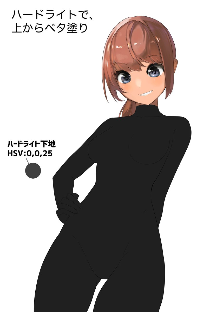 ①グレーで下塗り(HSV:0,0,25くらい)
②ハードライトレイヤー1枚作って、
上から同じ色でべた塗りして下地にする。
(後からハイライトや陰影をつけるとき、
下地との混色でグラデーションが出来るので、
ラバーっぽい質感になりやすい) 