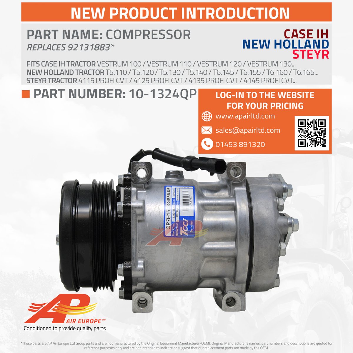 APAIRLtd's tweet image. 🌟 NEW Original #TCCIQUE QP7H15, 12v #Compressor
🧰🔧 Our part 10-1324QP is compatible with both #R134a &amp;amp; #R1234yf #refrigerant &amp;amp; fits selected #tractors by
⚫️ #CaseIH 
⚫️ #NewHolland
⚫️ #Steyr 
💻Log-in online to check OEMS &amp;amp; pricing
🌐 apairltd.com/search/27960-1…
#airconpart #agri
