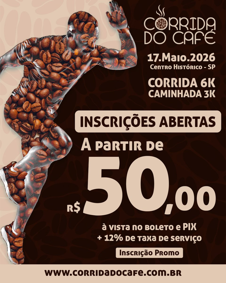 corridadocafe.com.br

☕ Atenção, amantes de café e corrida! 🏃‍♂️

🗓️ 17 de maio de 2026
📌Centro Histórico de São Paulo
🏃‍♂️Corrida 6k
🏃‍♂️Caminhada 3k

📄Consulte o regulamento no site do evento.

#yescom #corridadocafe
