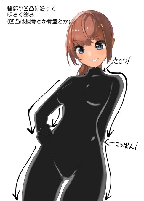 ③身体の輪郭や、凹凸(鎖骨とか骨盤とか)にそって明るめのグレーで塗る
④光源の位置を決め、光が当たってそうな所にハイライトを入れる。 