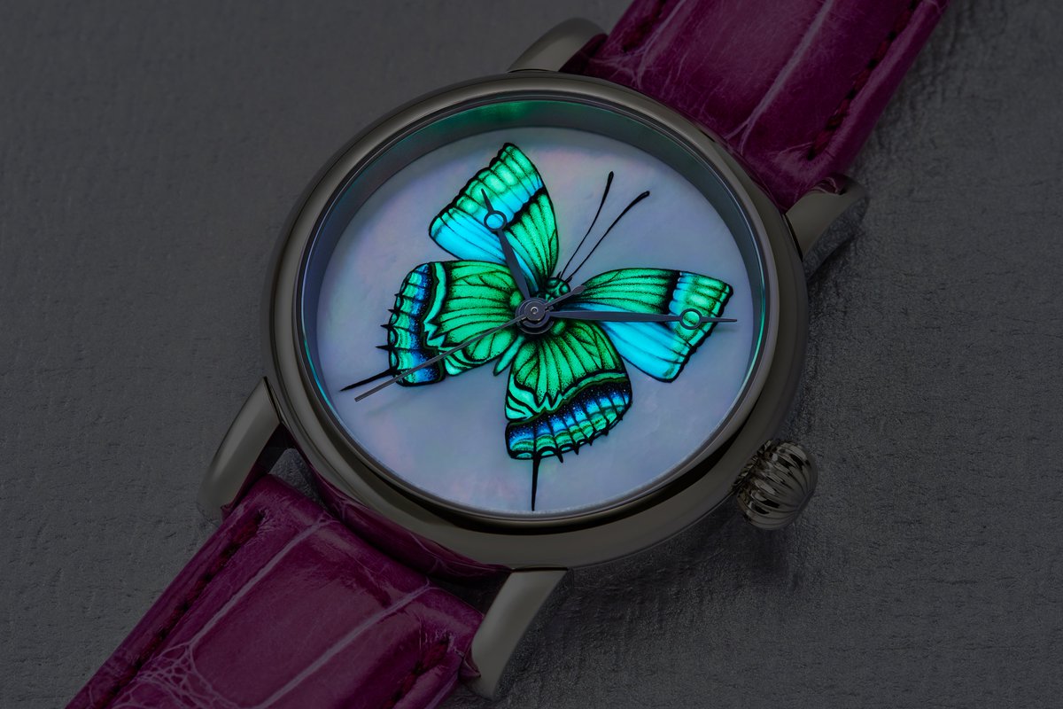 RGMWatchCompany's tweet photo. RGM Custom 207 hand-painted butterfly floating over a mother-of-pearl dial, its wings mixed with lume so they glow softly in the dark—quietly magical 

#rgmwatches #rgmwatch #watch #wristwatch #watchmaking #watchmaker #bespokewatch #customwatch #handpainteddial #butterflywatch https://t.co/dCtMvC2css