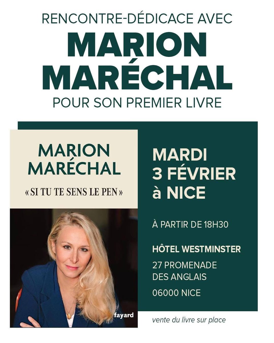 📢MARION MARÉCHAL À NICE : C'EST DEMAIN !

✍️<a href="/MarionMarechal/">Marion Maréchal</a> sera à Nice mardi 3 février pour la TOUTE PREMIÈRE DÉDICACE de son livre évènement « 𝗦𝗜 𝗧𝗨 𝗧𝗘 𝗦𝗘𝗡𝗦 𝗟𝗘 𝗣𝗘𝗡 », un rendez-vous à ne pas manquer.

Inscription👉billetweb.fr/dedicace-mario…