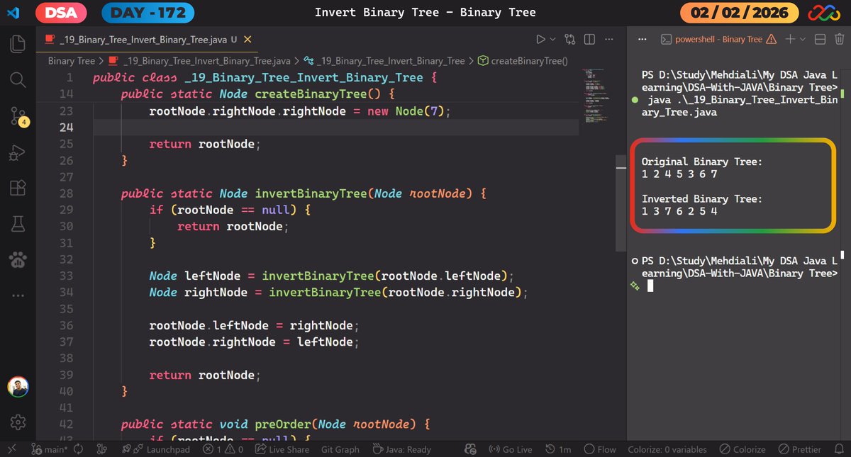 mehdiali_mk's tweet photo. Invert Binary Tree β Binary Tree | DSA β DAY β 172
Github Link: https://t.co/NaYhbIf13O
LinkedIn: https://t.co/MTyaf3BltR
#365DaysofCode #365dayscoding #100daysofcodechallenge #100daysofcode #LearnDSA #DSAinJava #JavaProgramming #AlgorithmDesign #CodingPractice #codedaily https://t.co/iXDJ1f0DPL