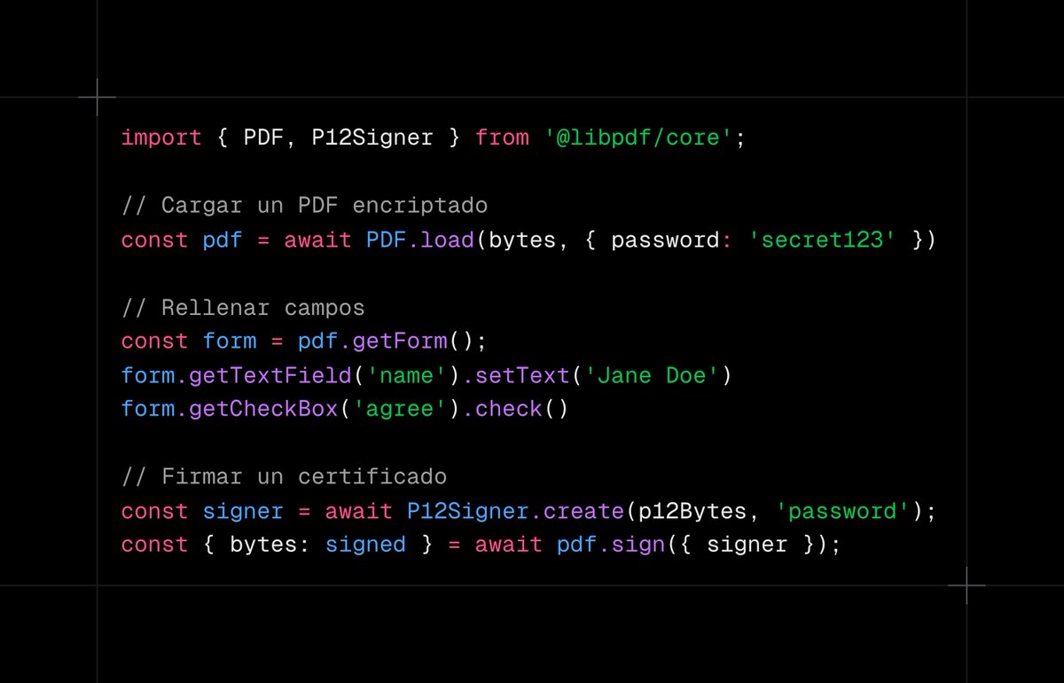 midudev's tweet photo. ¡Nueva biblioteca de TypeScript muy interesante! 
Parsea, modifica y genera PDF de forma fácil e intuitiva.
También permite exportar como imagen.

Se llama LibPDF y es súper fácil de usar: https://t.co/1rYLLnevNc