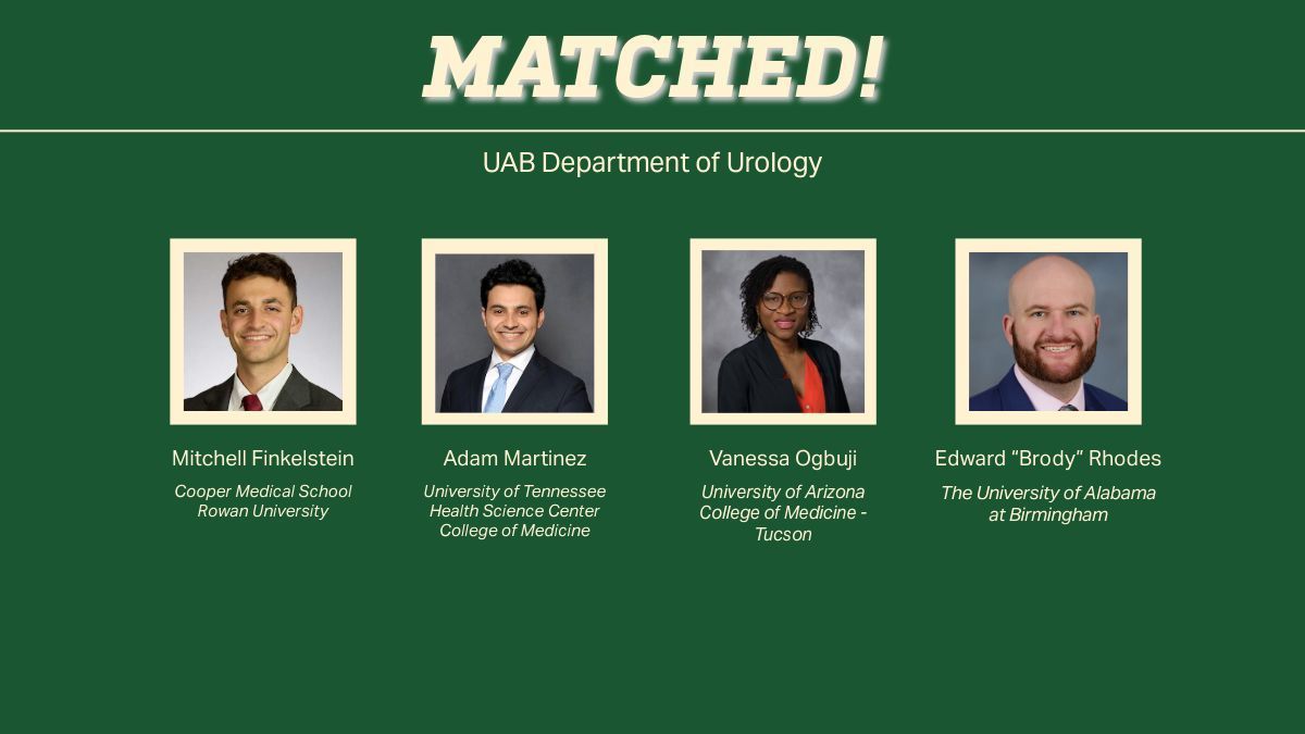 UABUrology's tweet image. Happy Match Day 2026! 💚 We’re excited to share the results of this year’s residency match. Join us in celebrating and welcoming our incoming class of residents! @uabheersink @UAZMedTucson @uthsc @mfinkelstein123 @AdamMartinezUro @CVanessaogbuji @BrodyRhodes #match2026 #matchday