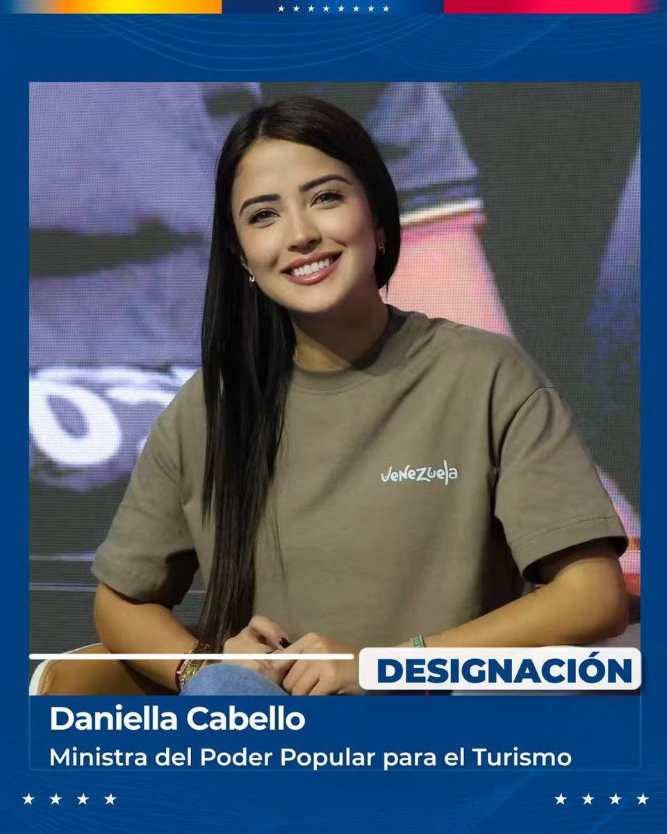 La presidenta encargada Delcy Rodríguez anuncia nueva designación en el gabinete:

“He decidido designar a la joven Daniella Cabello como nueva ministra del Poder Popular para el Turismo, quien asumirá desde ahora la responsabilidad de impulsar el desarrollo y la promoción del